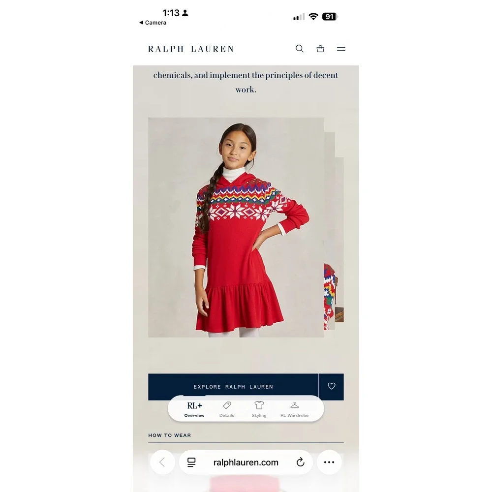 Polo Ralph Lauren Girls Red Fair Isle Snowflake Waffle Knit Hoodie Dress L 12-14